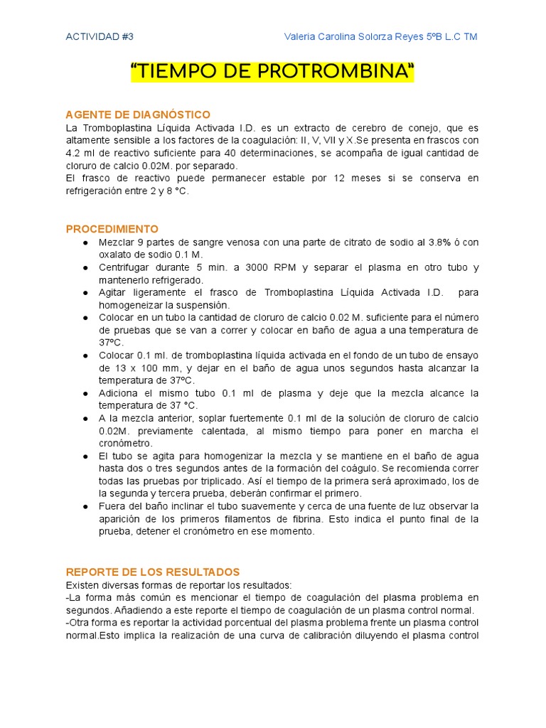 Actividad # 3tiempo de Protrombina | PDF | Coagulación | Sangre