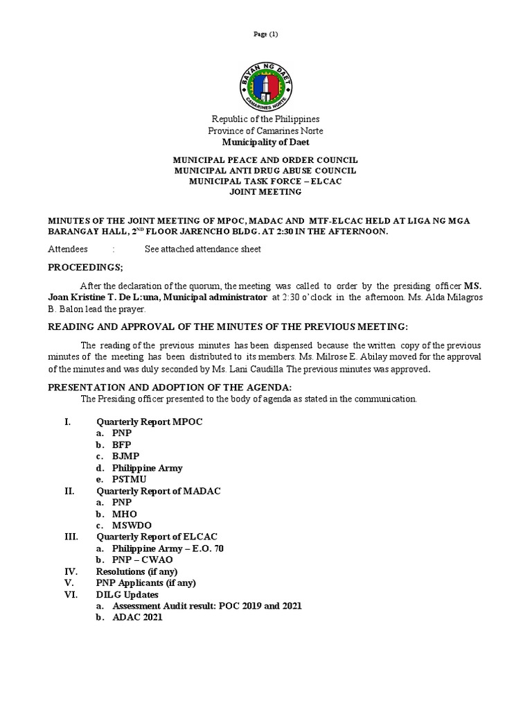 Minutes of the joint meeting of mpoc elcac madac 2nd quarter june 7