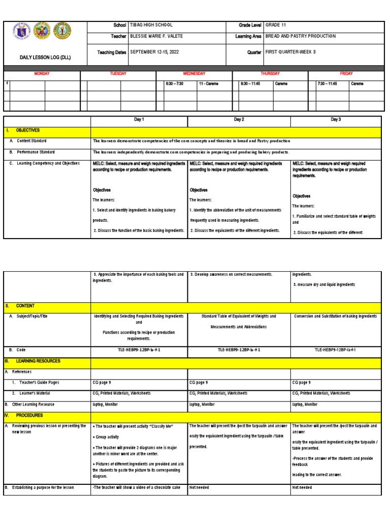 Grade 11 Bread and Pastry DLL Week 3 | PDF | Learning | Educational ...