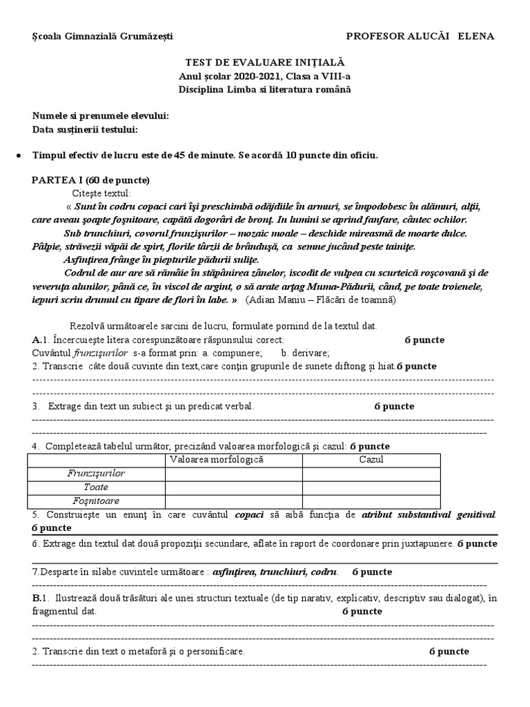 Test Initial Romana 8 PDF