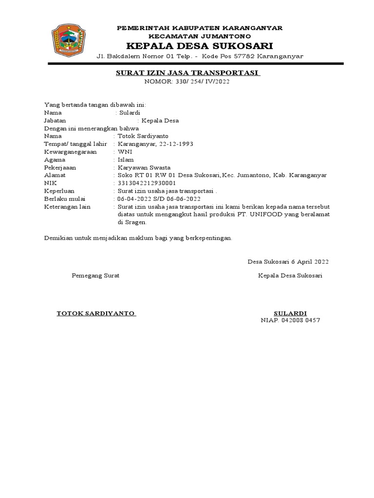 Surat Keterangan Ijin Jalan | PDF