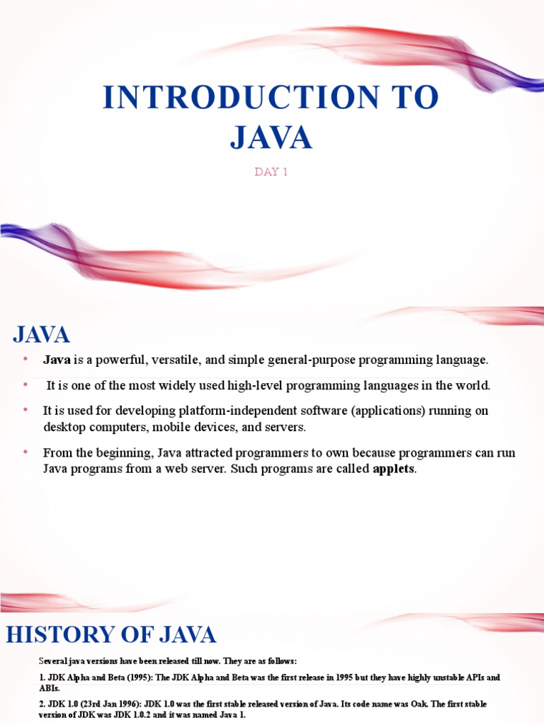 Introduction To Java - DAY1 | PDF | Java (Programming Language) | Java ...