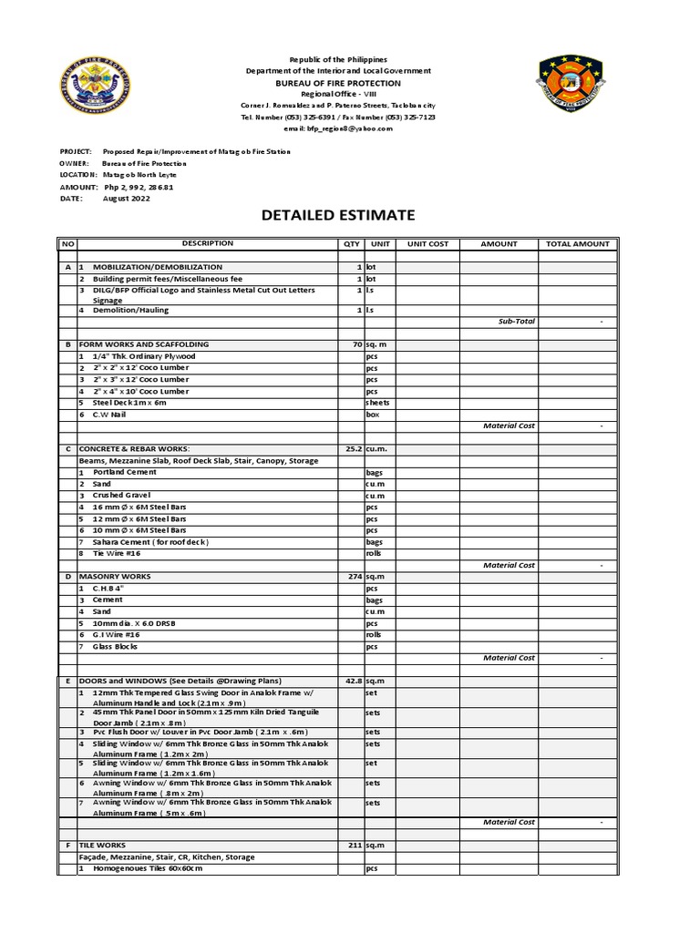 Matagob Fire Station Repair Estimate | PDF | Plumbing | Window
