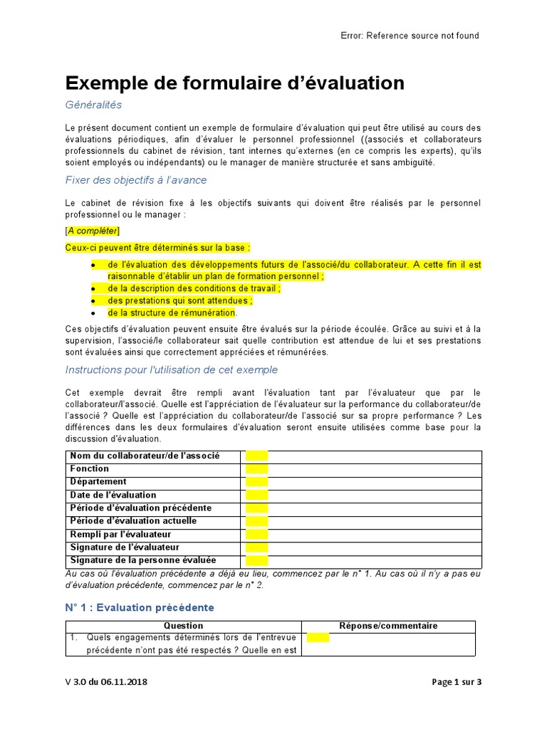 Formulaire d'évaluation du personnel | PDF