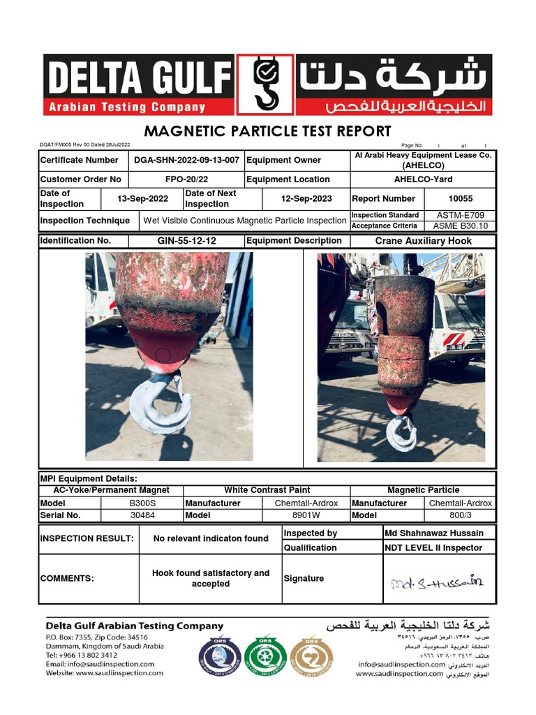 Crane Auxiliary Hook Inspection Report | PDF | Nondestructive Testing ...