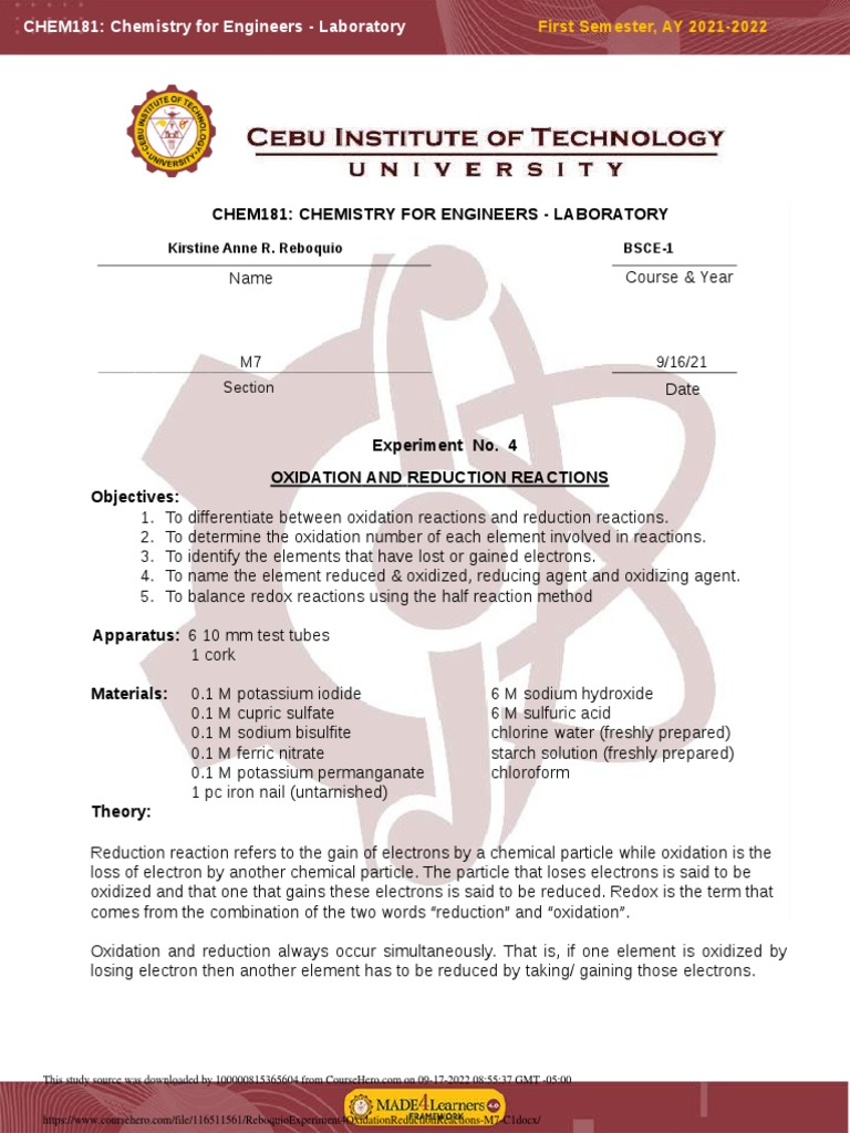 Redox Reactions Lab Experiment Guide | PDF | Redox | Chemical Reactions