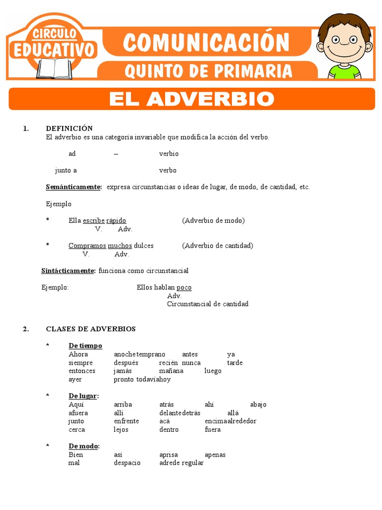 El Adverbio Definicion y Clases para Quinto de Primaria | PDF ...