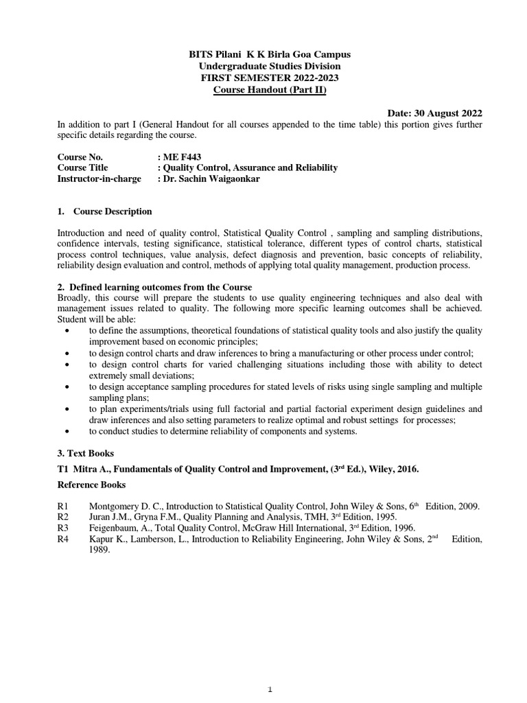Quality Control and Reliability Course Guide | PDF