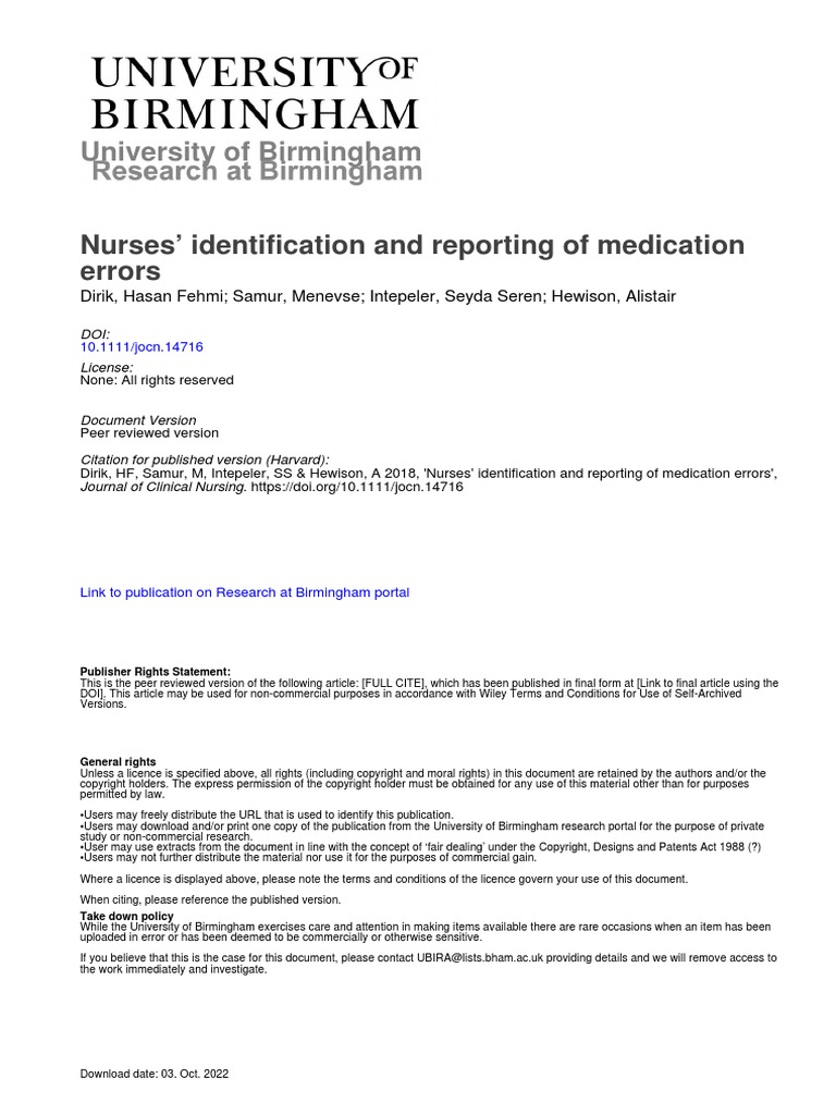 Hewison NURSES IDENTIFICATION AND REPORTING OF MEDICATION ERRORS Journal Clinical Nursing PDF