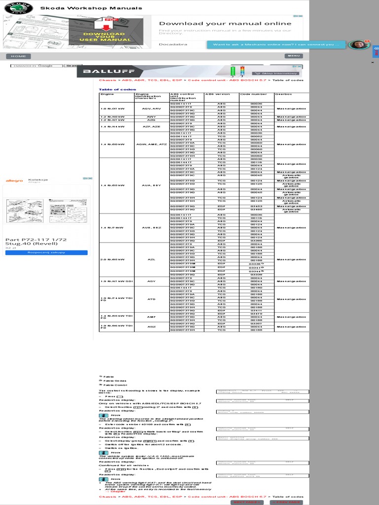 Skoda ABS BOSCH 5.7 - Table of Codes | PDF