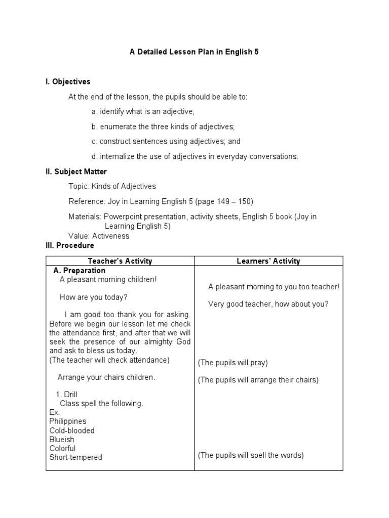 Adjectives Lesson Plan for Grade 5 | PDF | Adjective | Noun