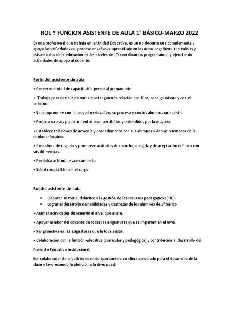 Rol y Funciones del Asistente de Aula | PDF | Salón de clases | Maestros
