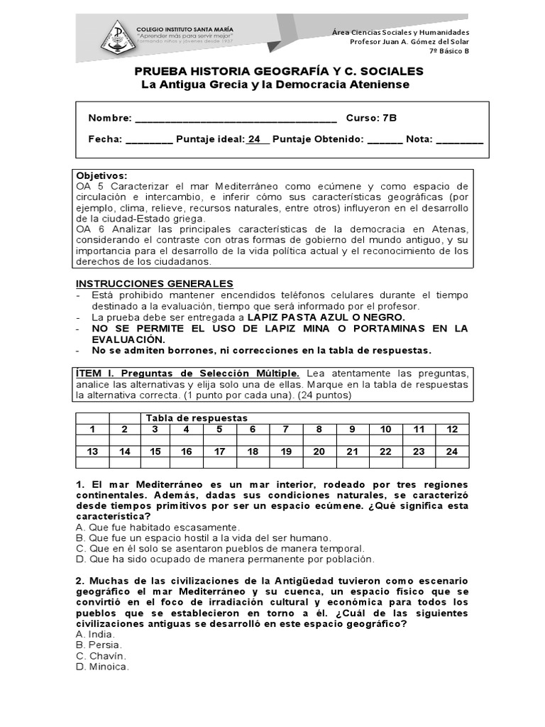 La Antigua Grecia y la Democracia Ateniense: Prueba de Historia ...