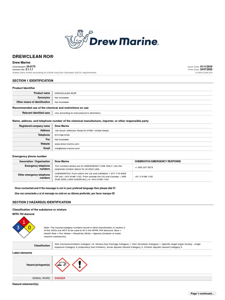 Drewclean Ro SDS PDF