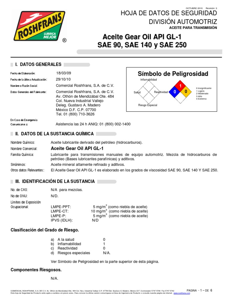 07 HDS Gear Oil Api GL1 R3 PDF Agua Combustión