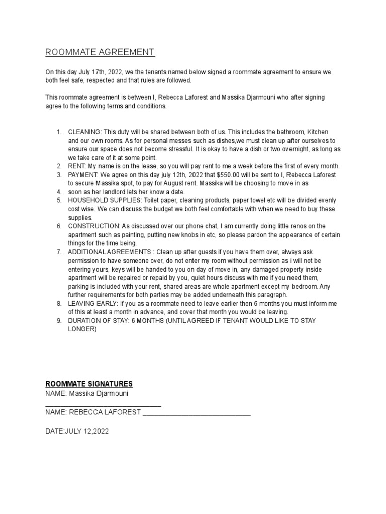 ROOMMATE AGREEMENT | PDF