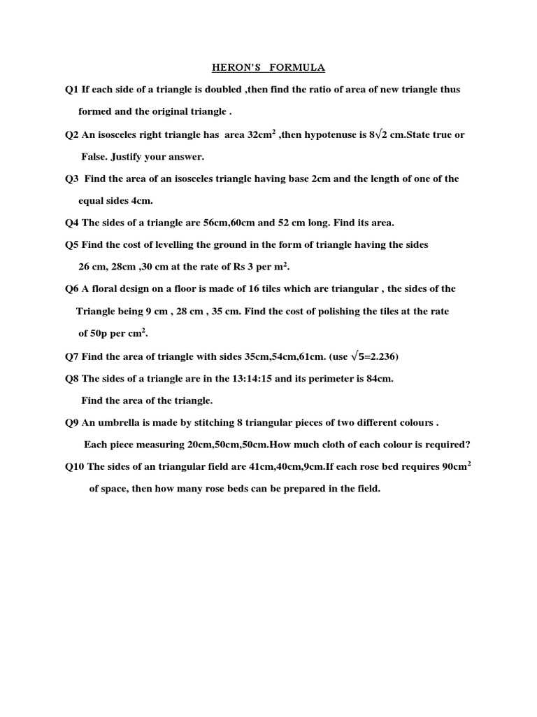 Heron's Formula Triangle Area Problems | PDF