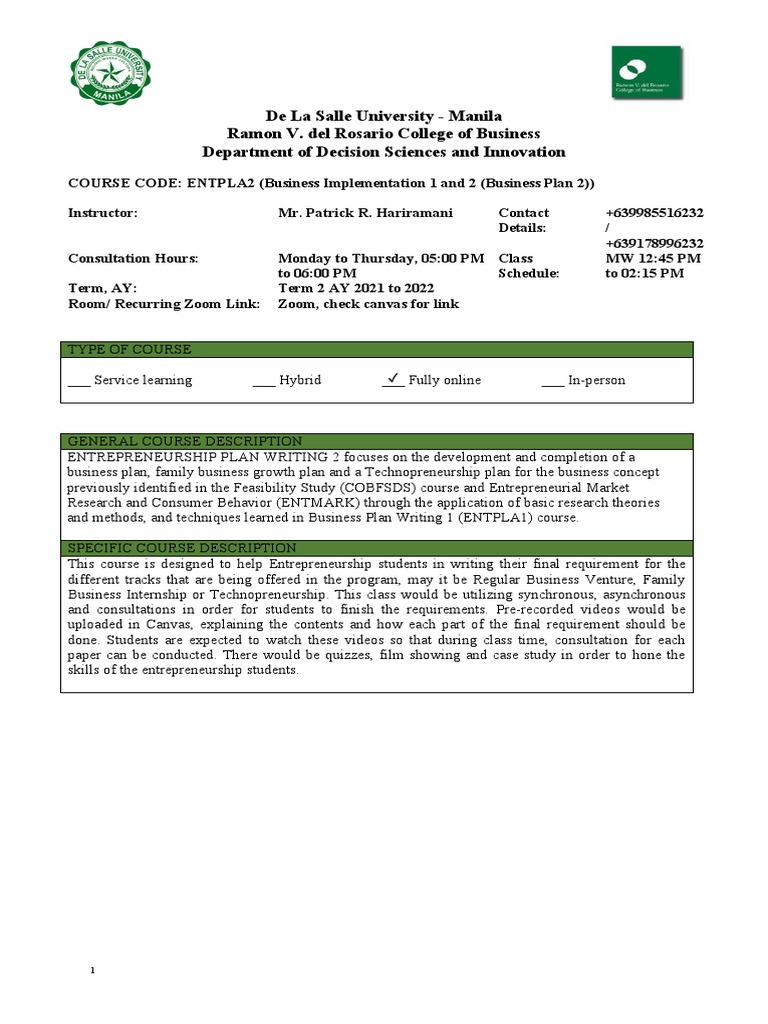 ENTPLA2 Syllabus 2nd Term AY 2021 To 2022 | PDF