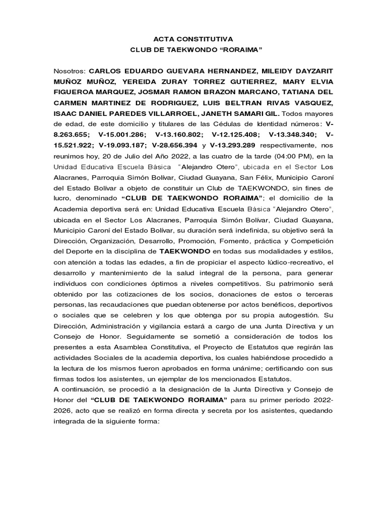 Acta Constitutiva Club Roraima | PDF