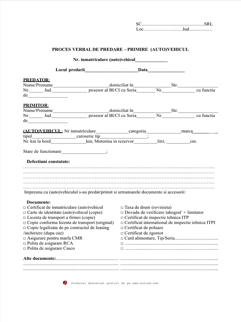 Proces Verbal de Predare Primire Auto | PDF