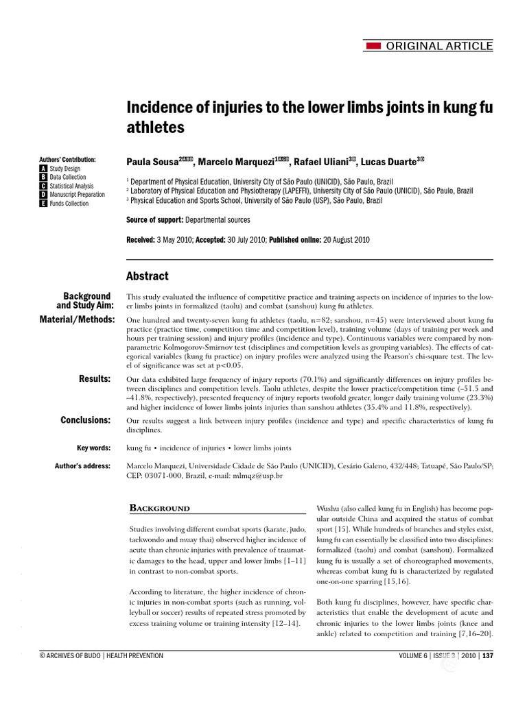 Incidence of Injuries To The Lower Limbs Joints in Kung Fu Athletes