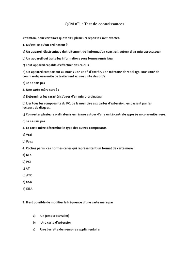 QCM Informatique : Test de Connaissances | PDF | Processeur | Mémoire ...