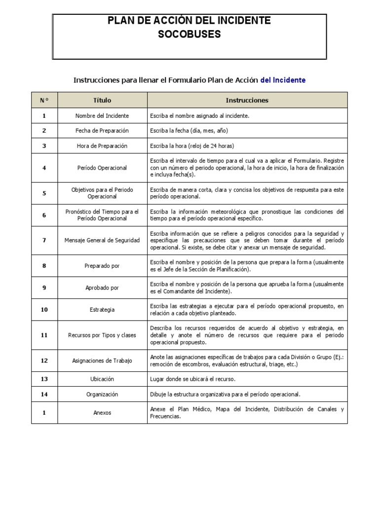 Instrucciones para el Plan de Acción del Incidente | PDF