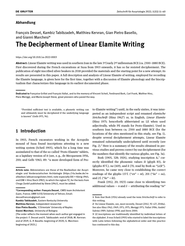 Desset F Et Al 2022 The Decipherment of Linear Elamite Writing | PDF