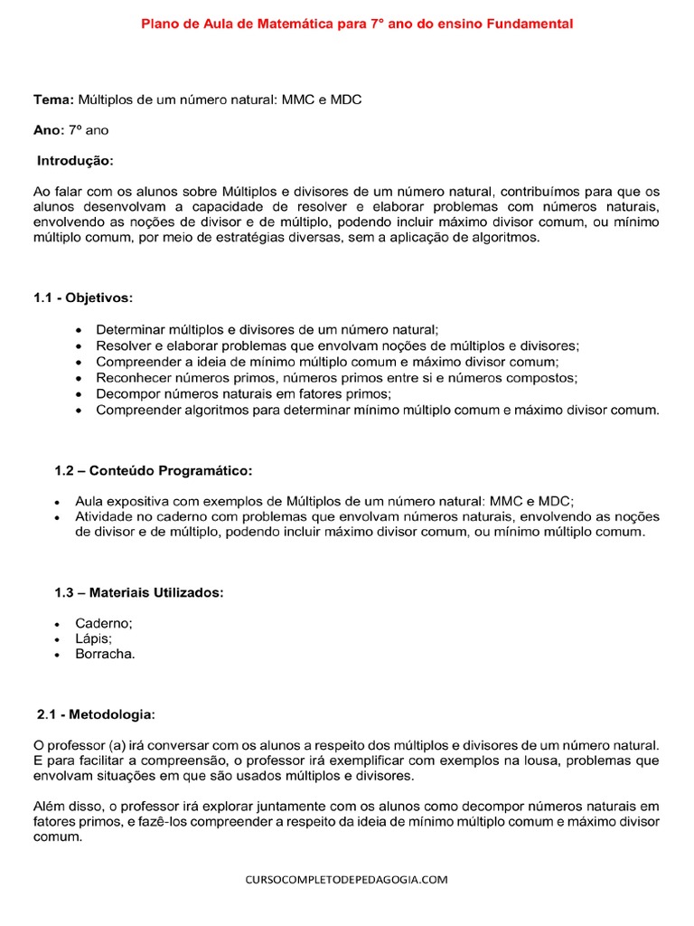 Plano de Aula de Matematica para 7° Ano Do Ensino Fundamental | PDF