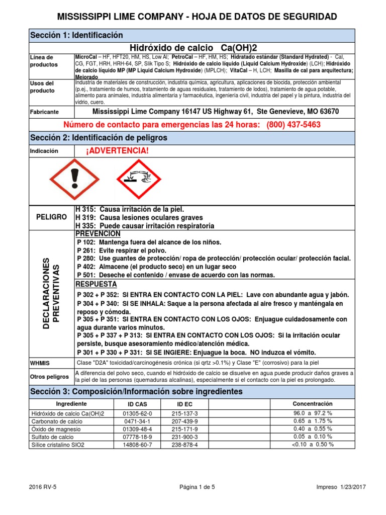 2017 SDS SPANISH Calcium Hydroxide PDF Química Sustancias químicas