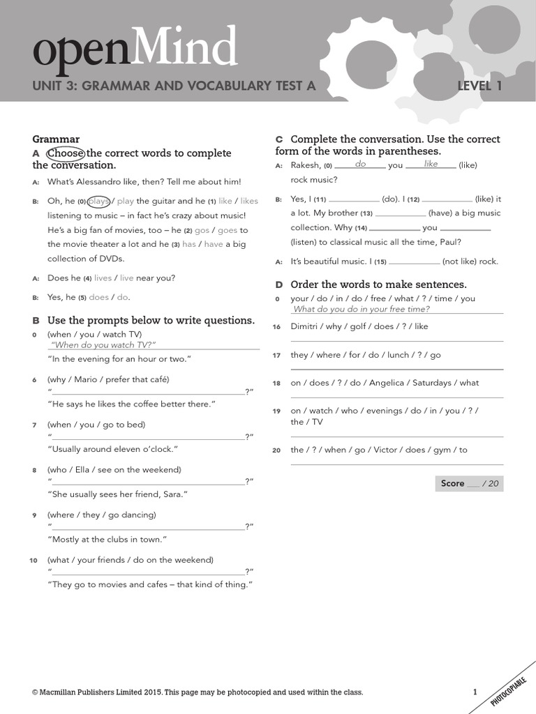 OpenMind 1 Unit 3 Grammar and Vocabulary Test A | PDF | Language Arts ...