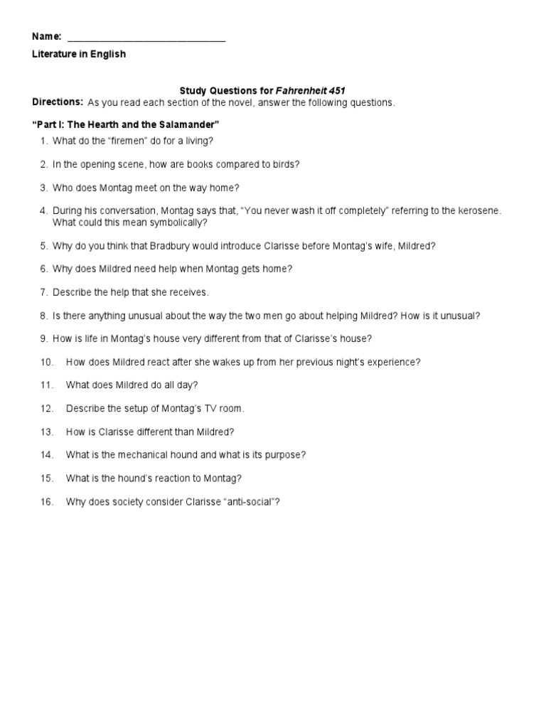 Fahrenheit 451 Guiding Questions PDF