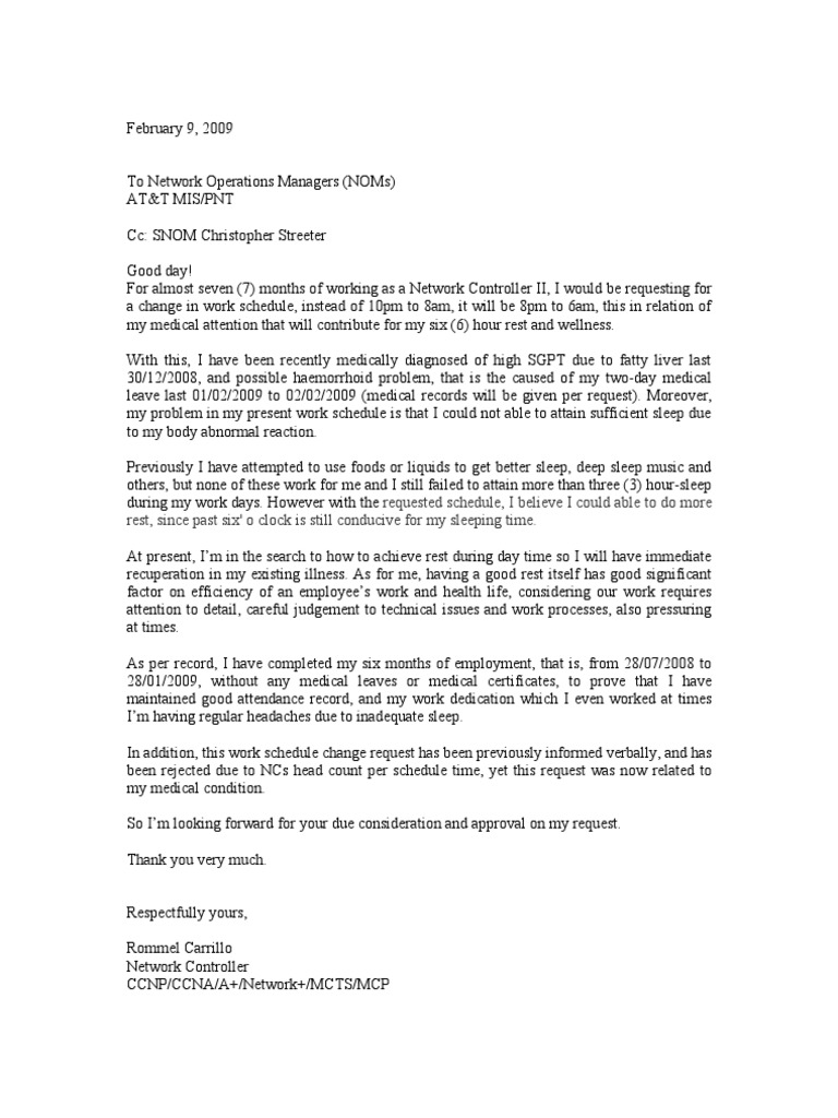 Letter For Work Schedule Change Employment Health Care