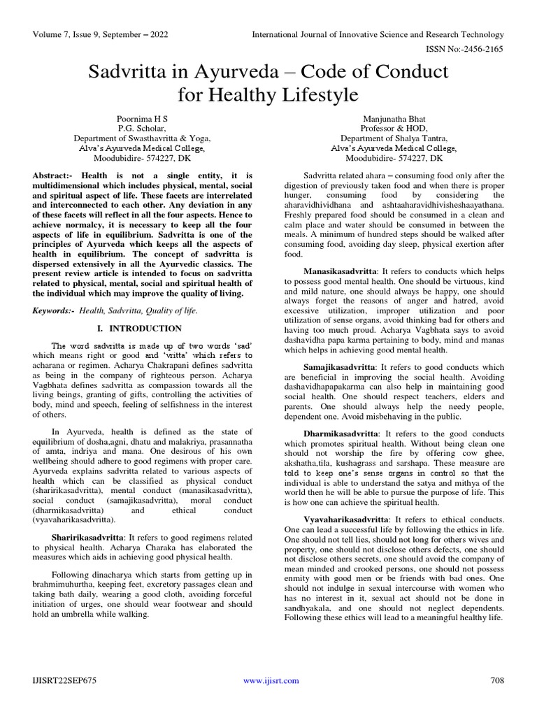 Sadvritta in Ayurveda - Code of Conduct For Healthy Lifestyle | PDF