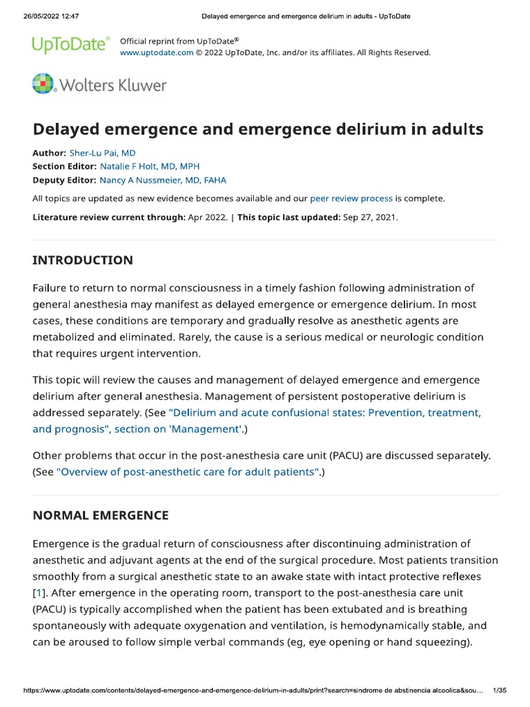 Delayed Emergence and Emergence Delirium in Adults UpToDate PDF