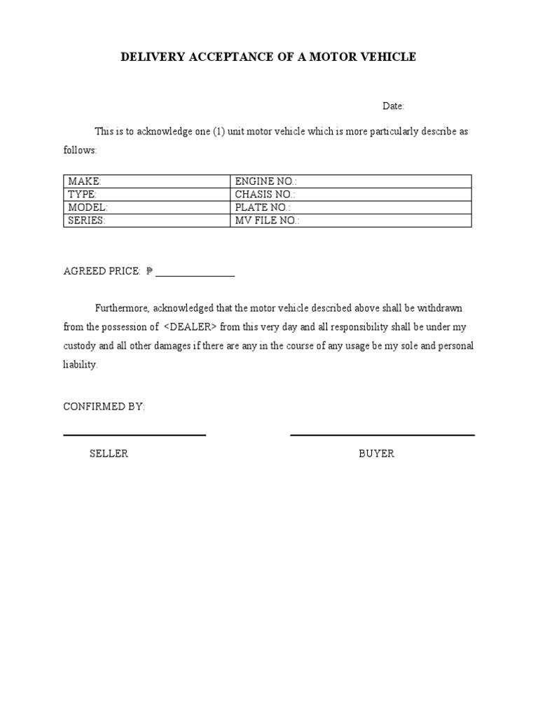 Motor Vehicle Delivery Acceptance Form | PDF