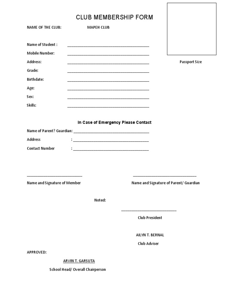 MAPEH Club Membership Form | PDF