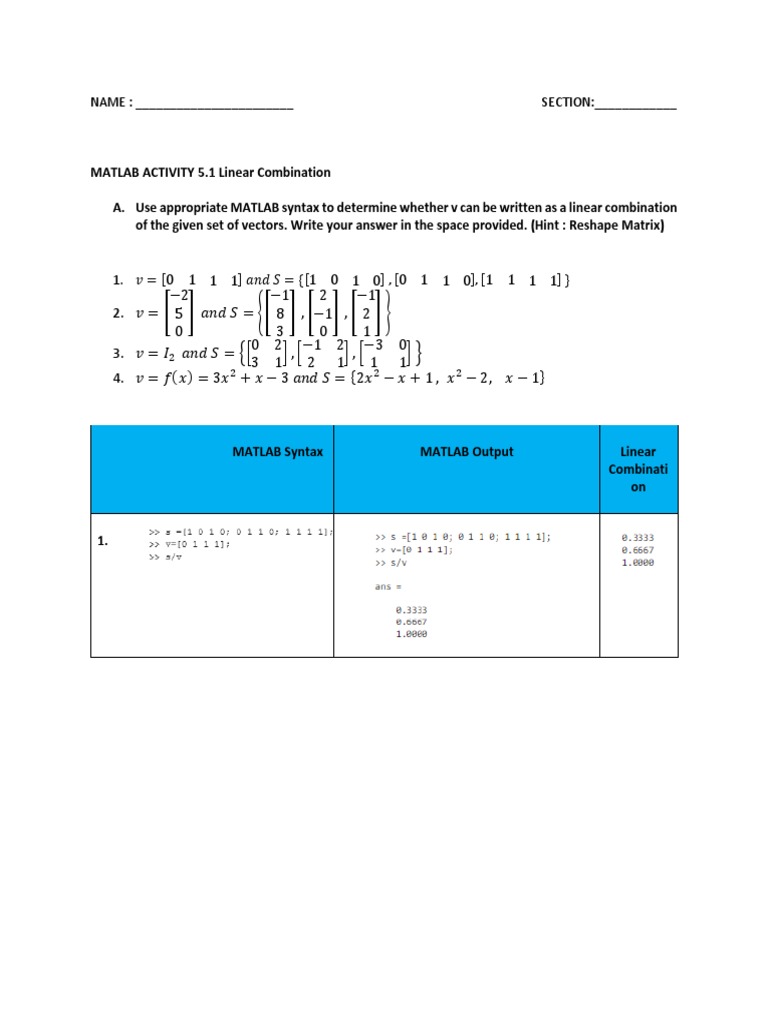 MATLAB 5.1 Linear Combination PDF