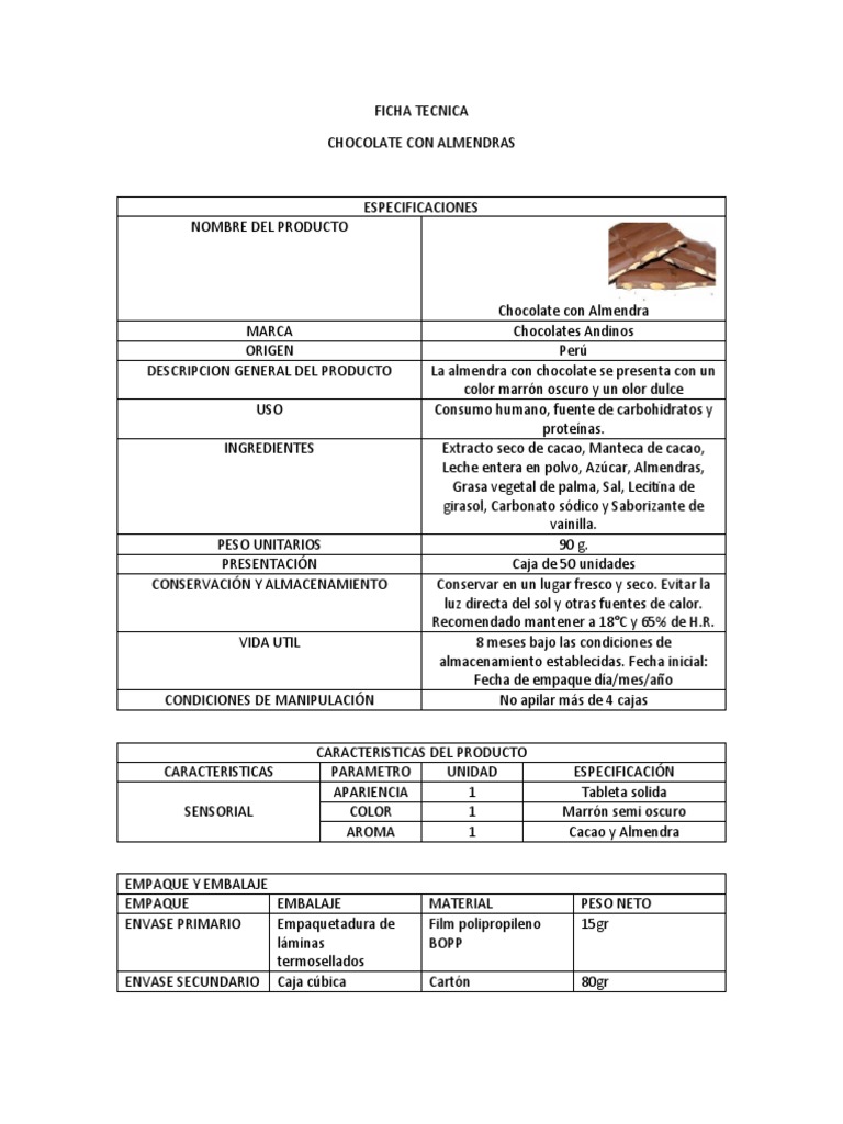 Fichas Tecnicas Almendra y Blanco | PDF | Chocolate | Leche