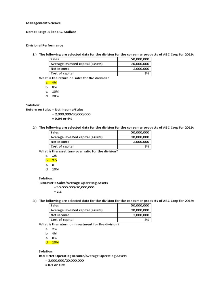 ABC Corp Division Financial Analysis | PDF | Return On Investment | Revenue