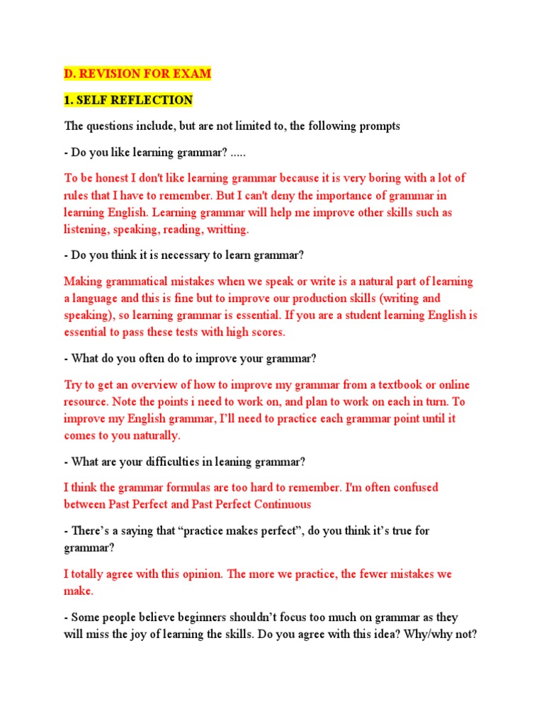 Self Reflection: D. Revision For Exam | PDF