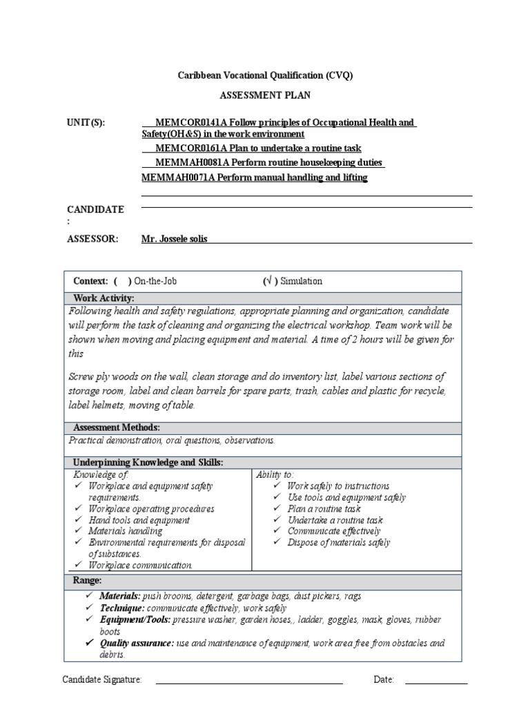 CVQ Assessment Plan for OH&S Tasks | PDF