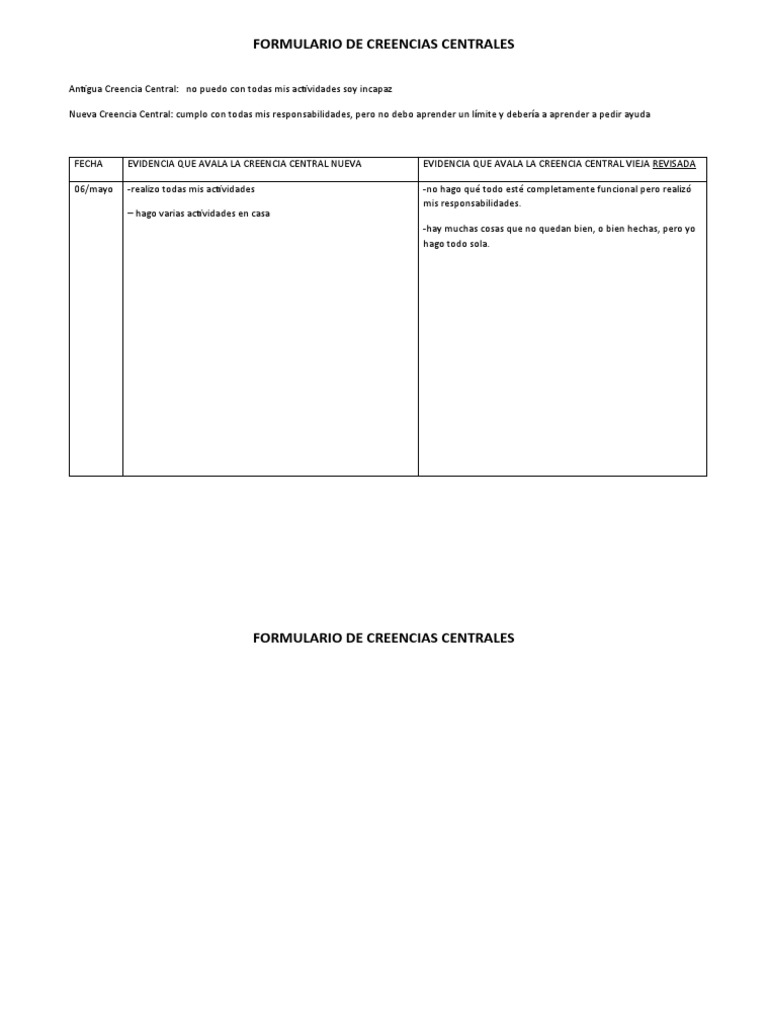 Formulario de creencia central pdf