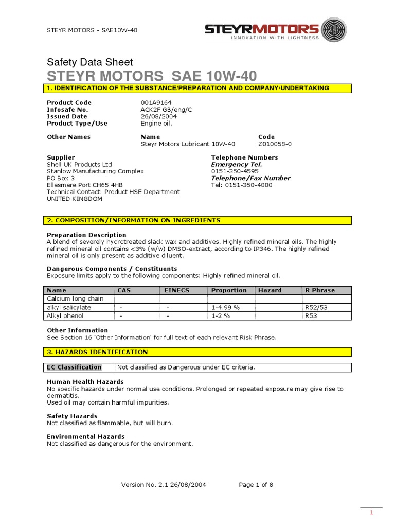 Steyr Motors Lubricant 10W40 PDF Dangerous Goods Occupational