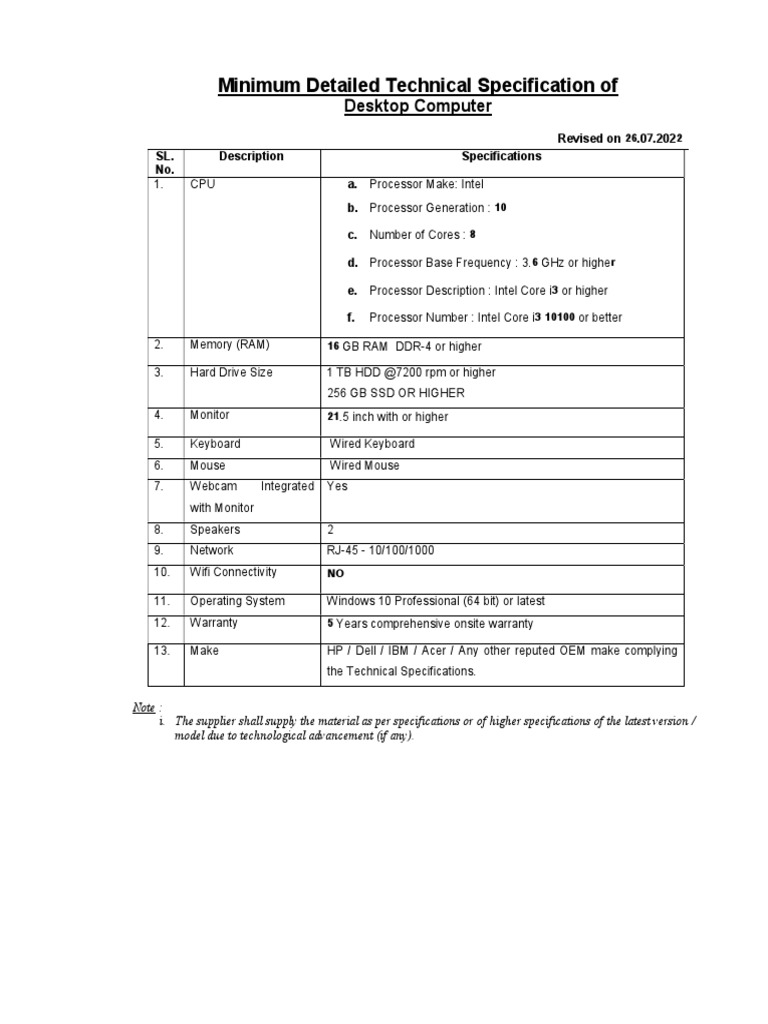 Technical Specification of desktop of computer | PDF