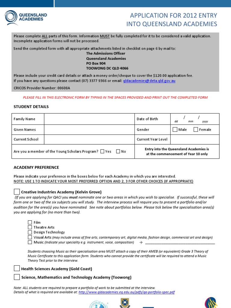 Queensland Academies 2012 Application Form | PDF
