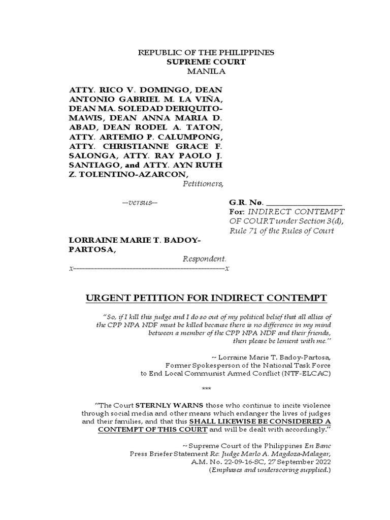 Petition For Indirect Contempt vs. Lorraine Badoy-Partosa | PDF ...