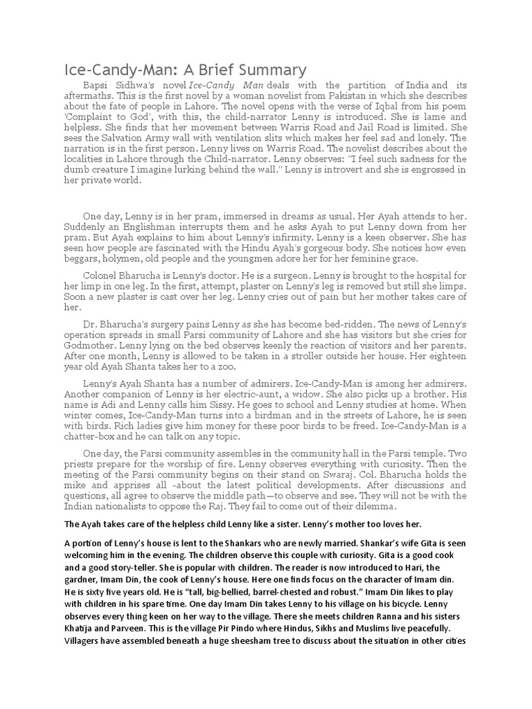 Ice Candy Man Summary PDF