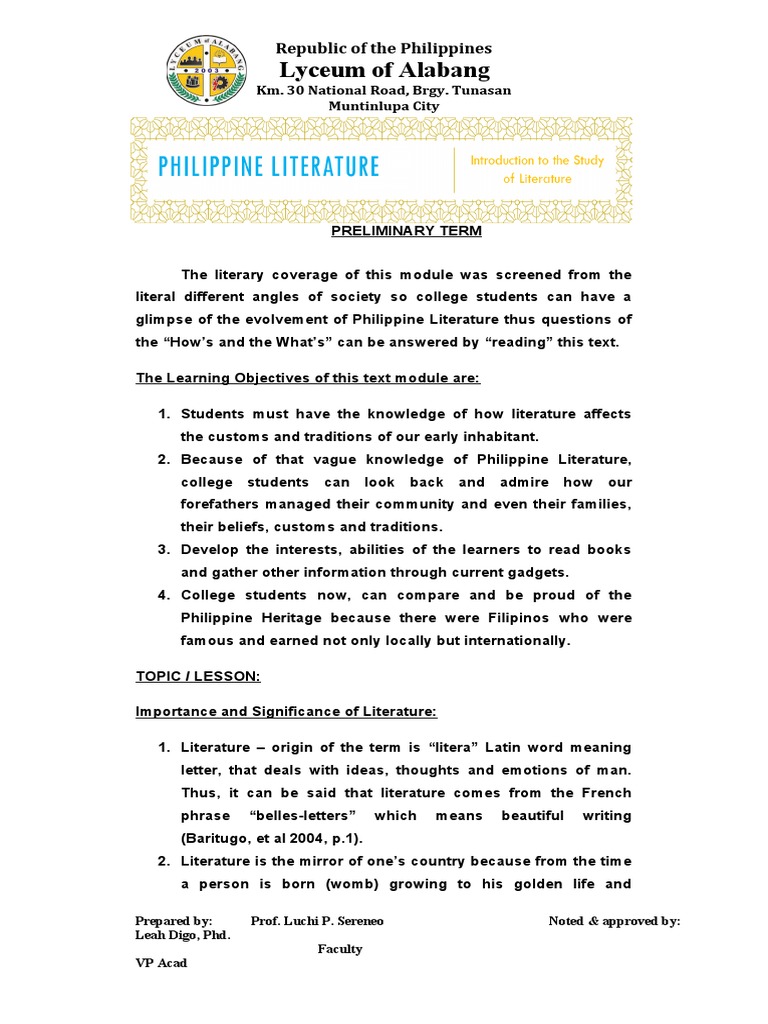 Philippine Literature - Unit 1 Introduction To The Study of Literature ...