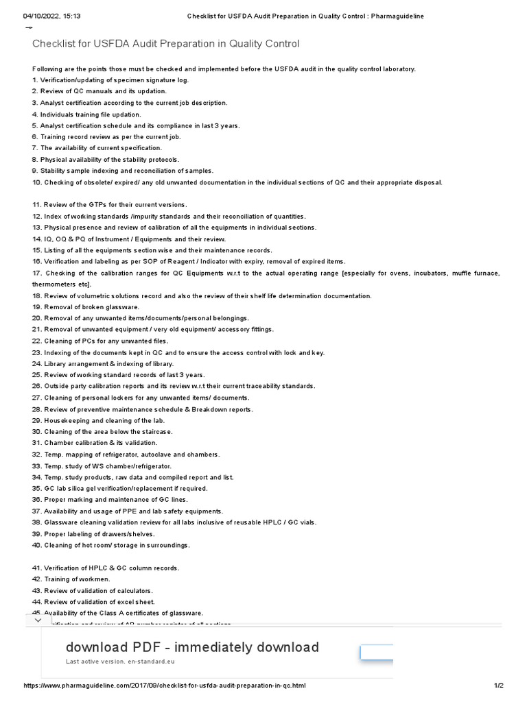 Checklist For USFDA Audit Preparation in Quality Control